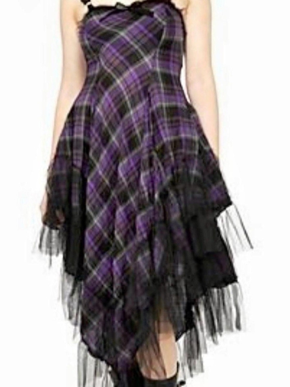 RARE Vintage Lip Service Purple Plaid Ruffle Dress w/Lace Trim & Tuelle, Pockets - Picture 10 of 14